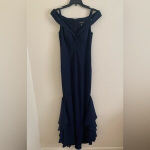 Xscape Dark Navy Off-Shoulder Ruffled Trumpet Maxi Dress